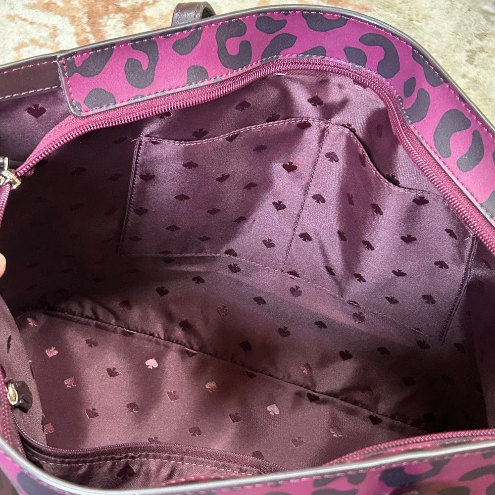 Kate Spade Tote Bag Womens Large Plum Black Leopard Animal Print Shoulder Bag